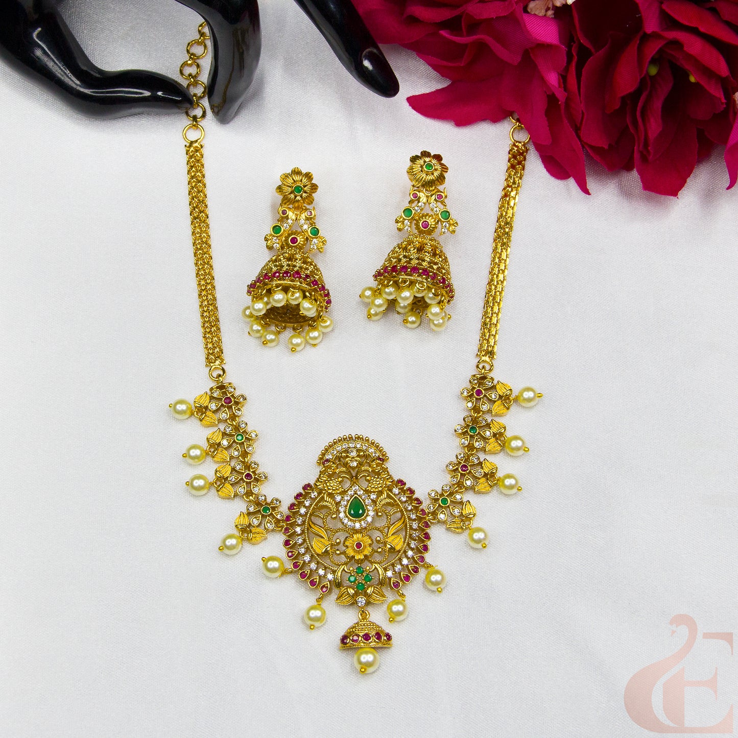 Top view of Premium AD Gold Finish Long Necklace & Jhumka ,Ruby green white stones 