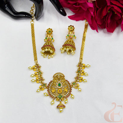 Top view of Premium AD Gold Finish Long Necklace & Jhumka ,Ruby green white stones 