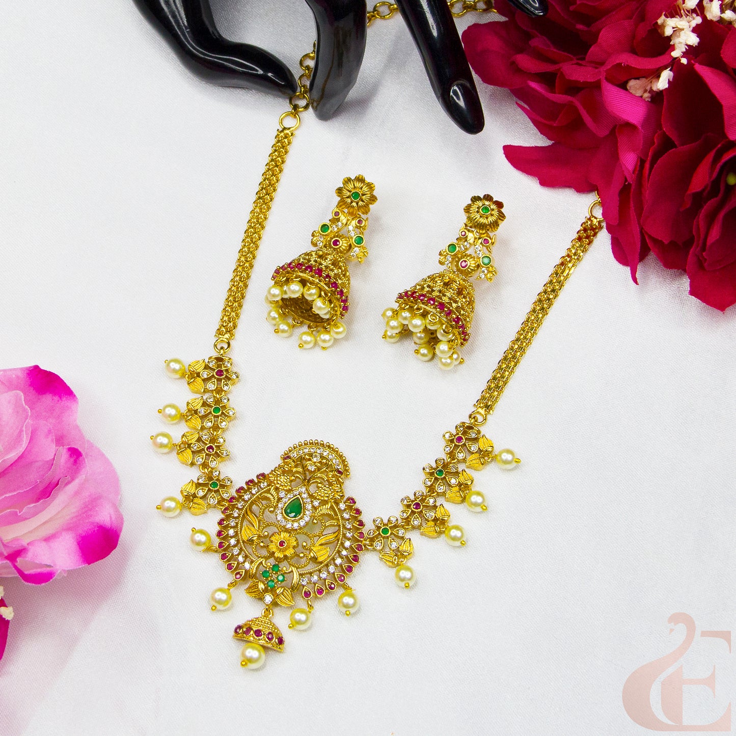 Top view of Premium AD Gold Finish Long Necklace & Jhumka ,Ruby green white stones 