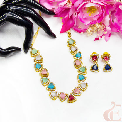 Top view of Premium AD Gold Plated Necklace & Earrings ,Muti color , light green, pink , sky blue , off white stones 
