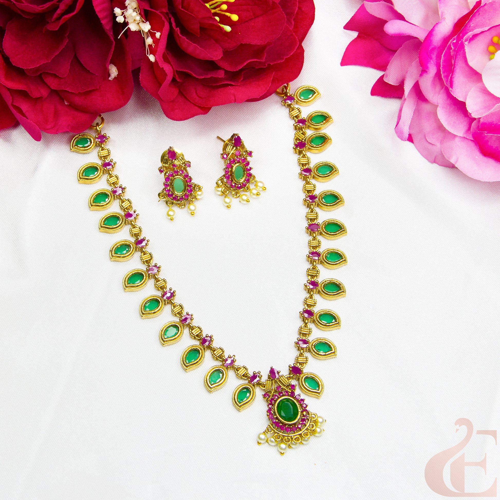 Top view of Premium AD Gold Plated Necklace & Earrings Green ruby stones 