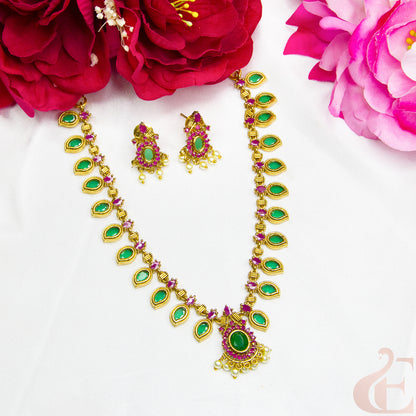 Top view of Premium AD Gold Plated Necklace & Earrings Green ruby stones 