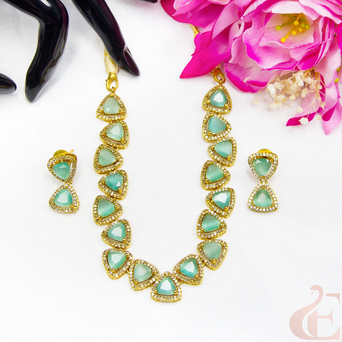 Top view of Premium AD Gold Plated Necklace & Earrings , Green stones 