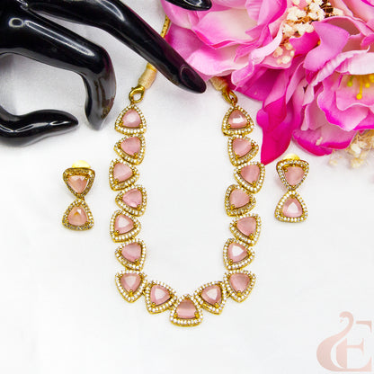 Top view of Premium AD Gold Plated Necklace & Earrings , pink  stones 