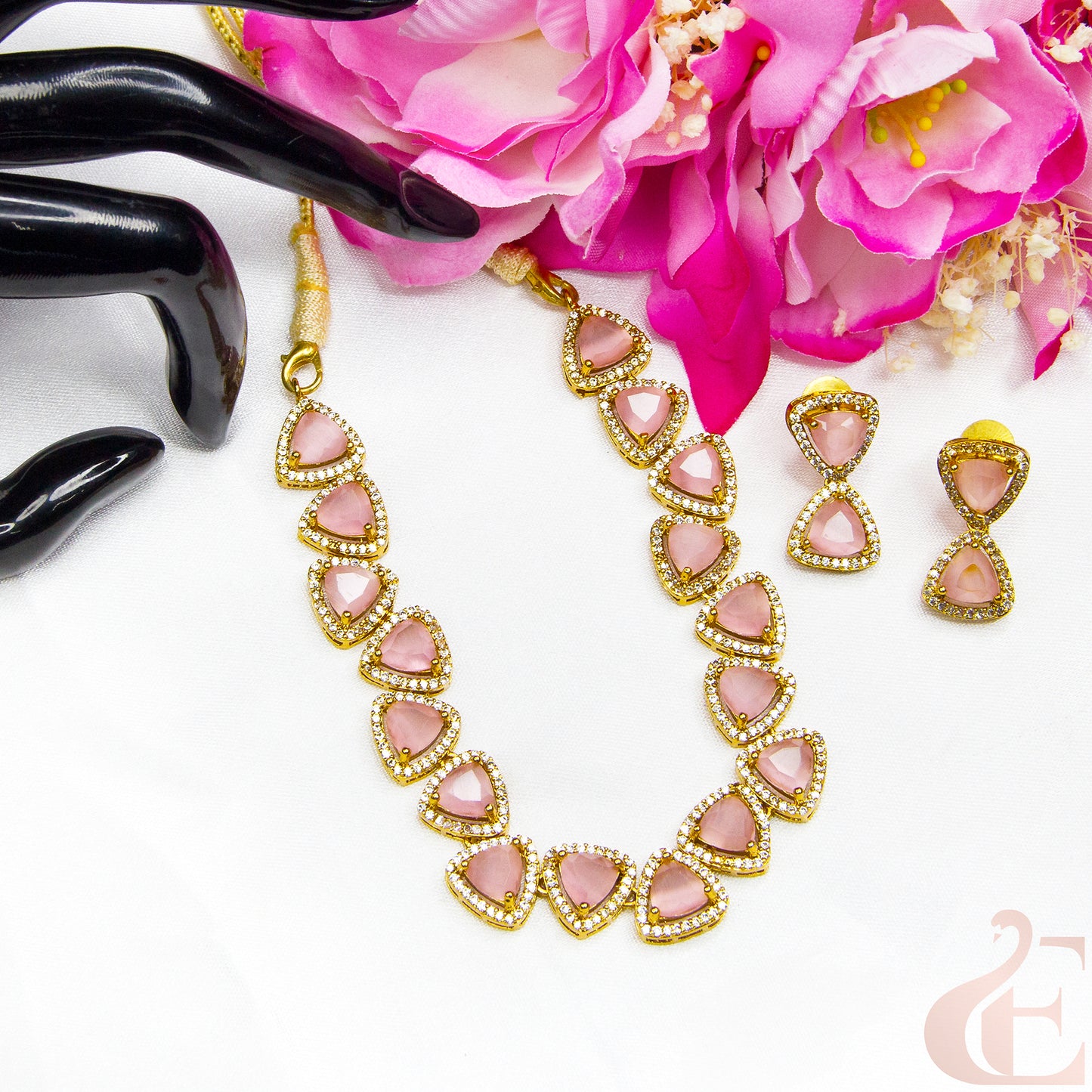 Top view of Premium AD Gold Plated Necklace & Earrings , pink  stones 