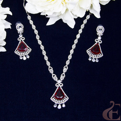 Top view of Premium AD  Long Necklace & Earrings Ruby stones 