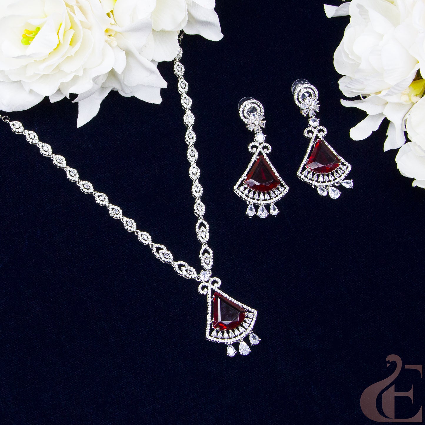 Top view of Premium AD  Long Necklace & Earrings Ruby stones 