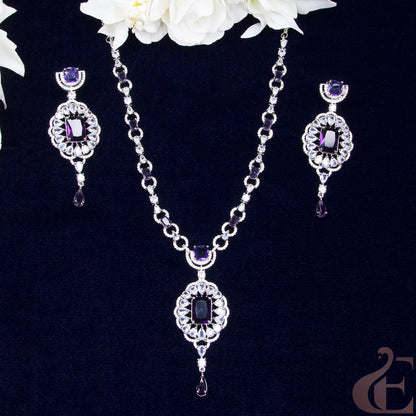 Top view of Premium AD  Necklace & Earrings Purple stones 