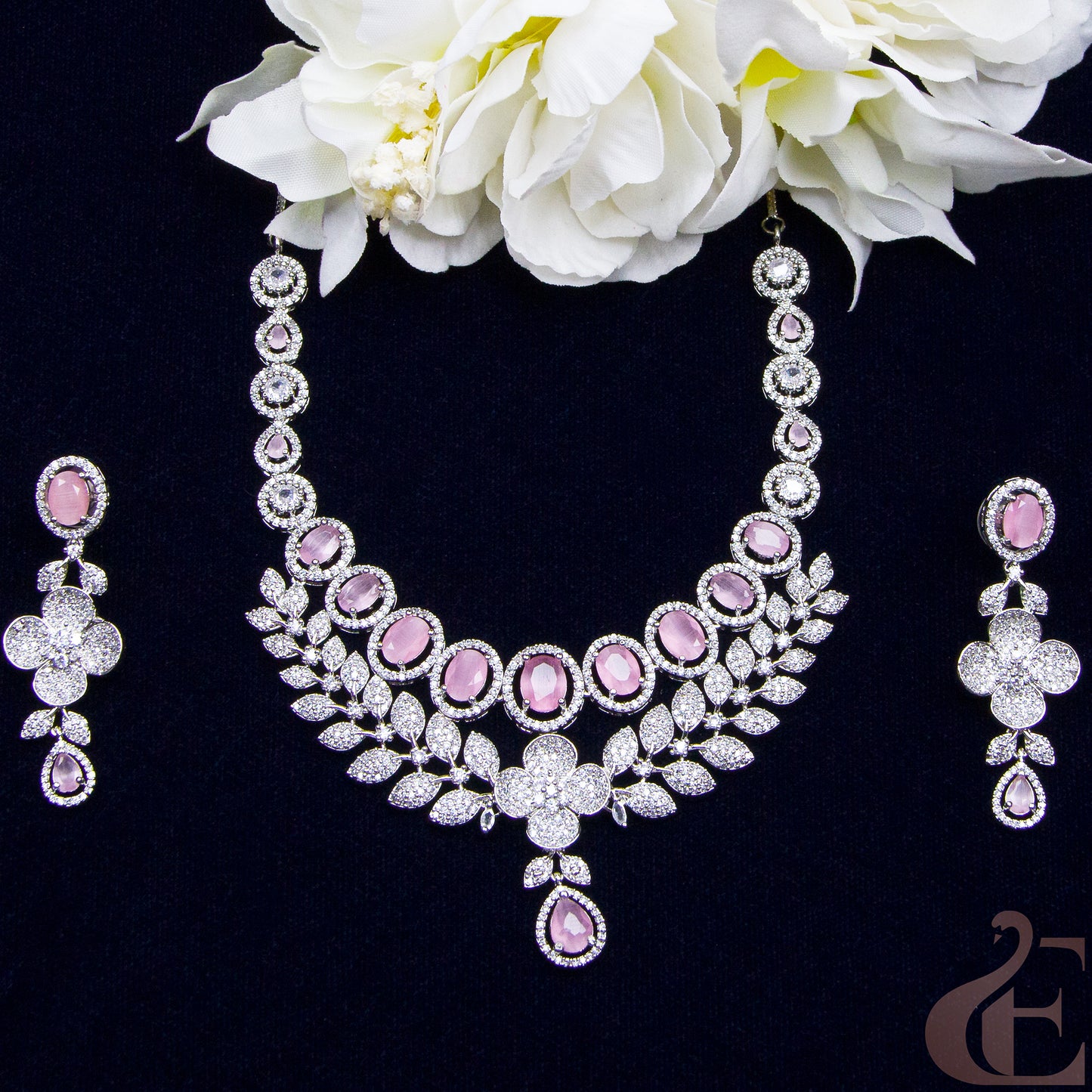 Top view of Premium AD Double layer Necklace & Long Earrings Pink stones 