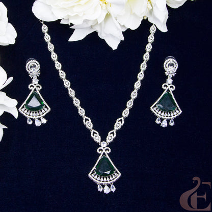 Top view of Premium AD Long Necklace & Earrings Green stones 