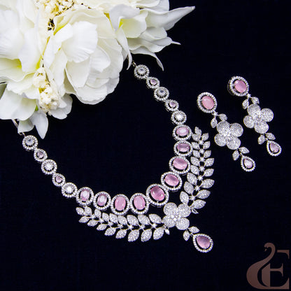 Top view of Premium AD Double layer Necklace & Long Earrings Pink stones 