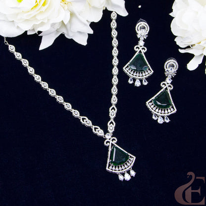 Top view of Premium AD  Long Necklace & Earrings Green stones 