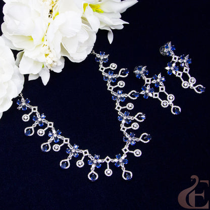 Top view of Premium AD Necklace & Earrings Blue stones 