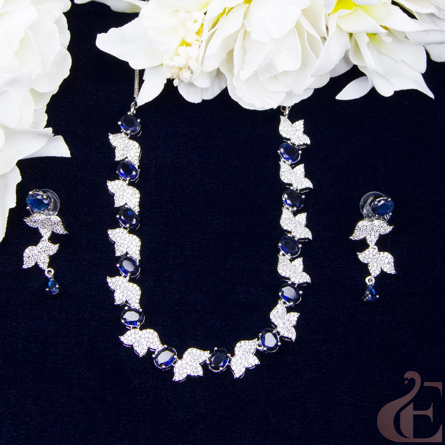 Top view of Premium AD  Necklace & Earrings Blue Stones  