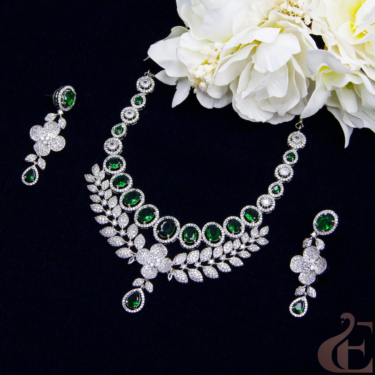 Top view of Premium AD Double layer   Necklace & Long Earrings Green stones 