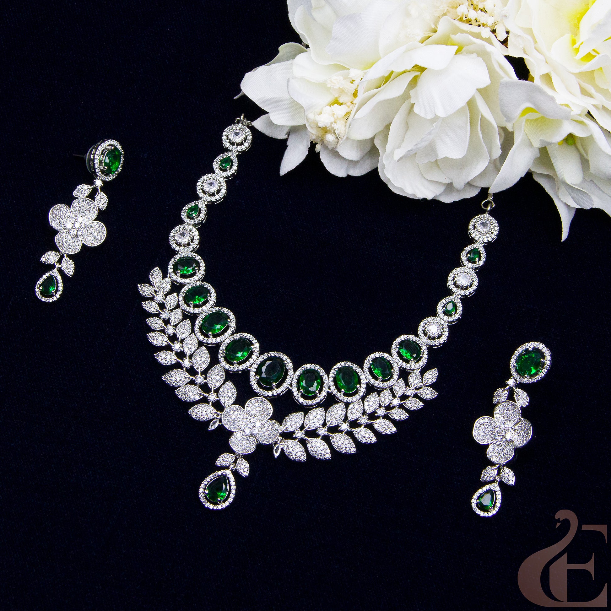 Top view of Premium AD Double layer   Necklace & Long Earrings Green stones 
