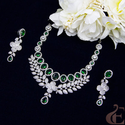 Top view of Premium AD Double layer   Necklace & Long Earrings Green stones 