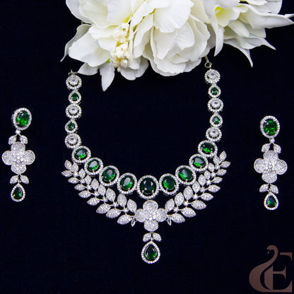 Top view of Premium AD Double layer     Necklace & Long Earrings Green stones