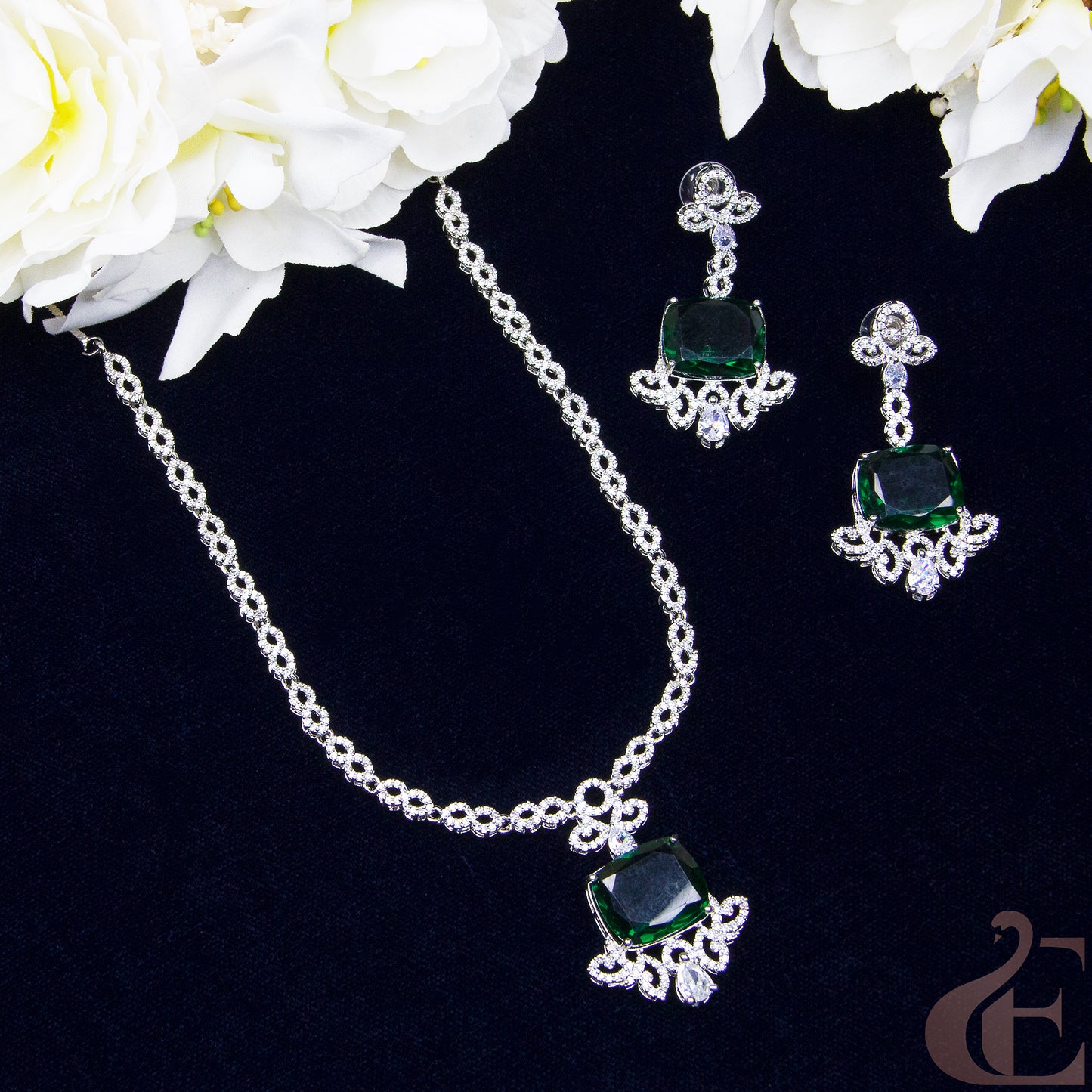 Top view of Premium AD  Necklace & Earrings , Green stones 