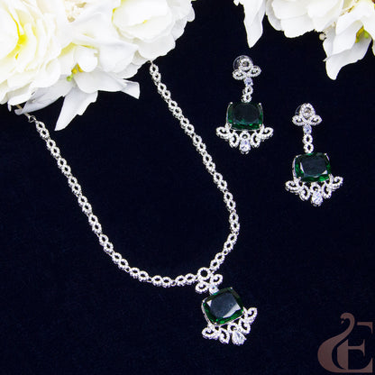 Top view of Premium AD  Necklace & Earrings , Green stones 