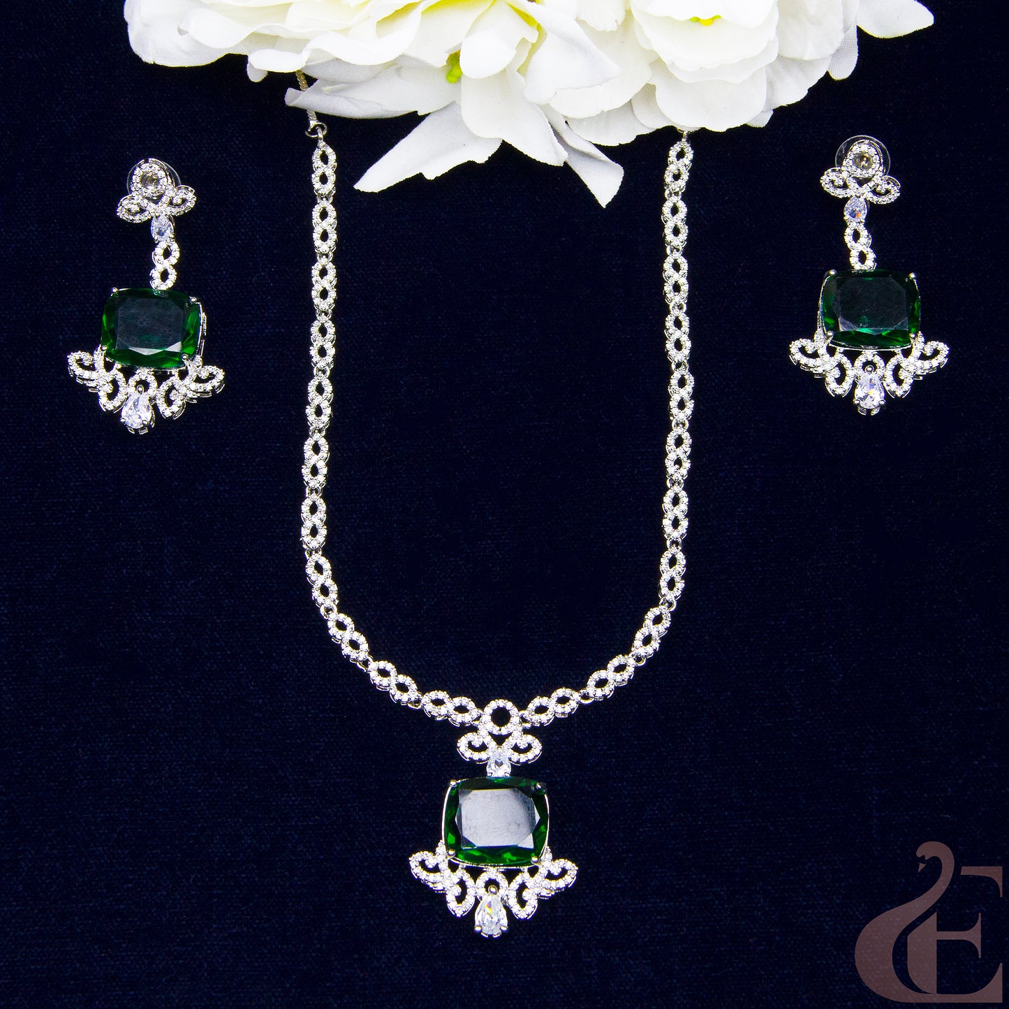 Top view of Premium AD  Necklace & Earrings , Green stones 