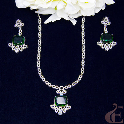 Top view of Premium AD  Necklace & Earrings , Green stones 