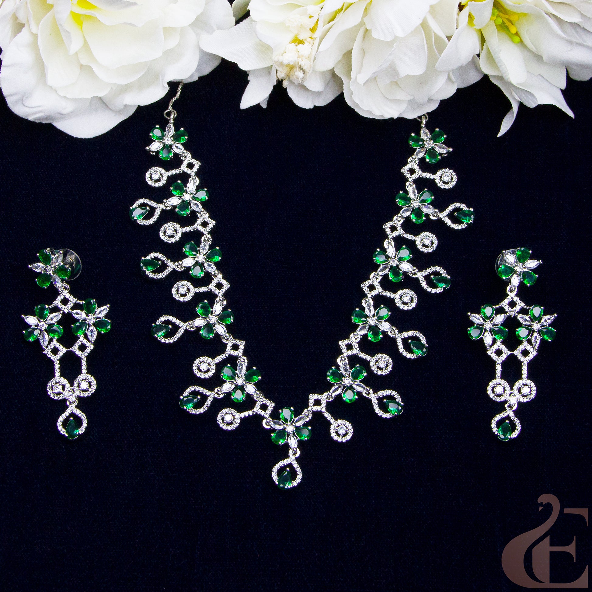 Top view of Premium AD Necklace & Earrings , Green stones  