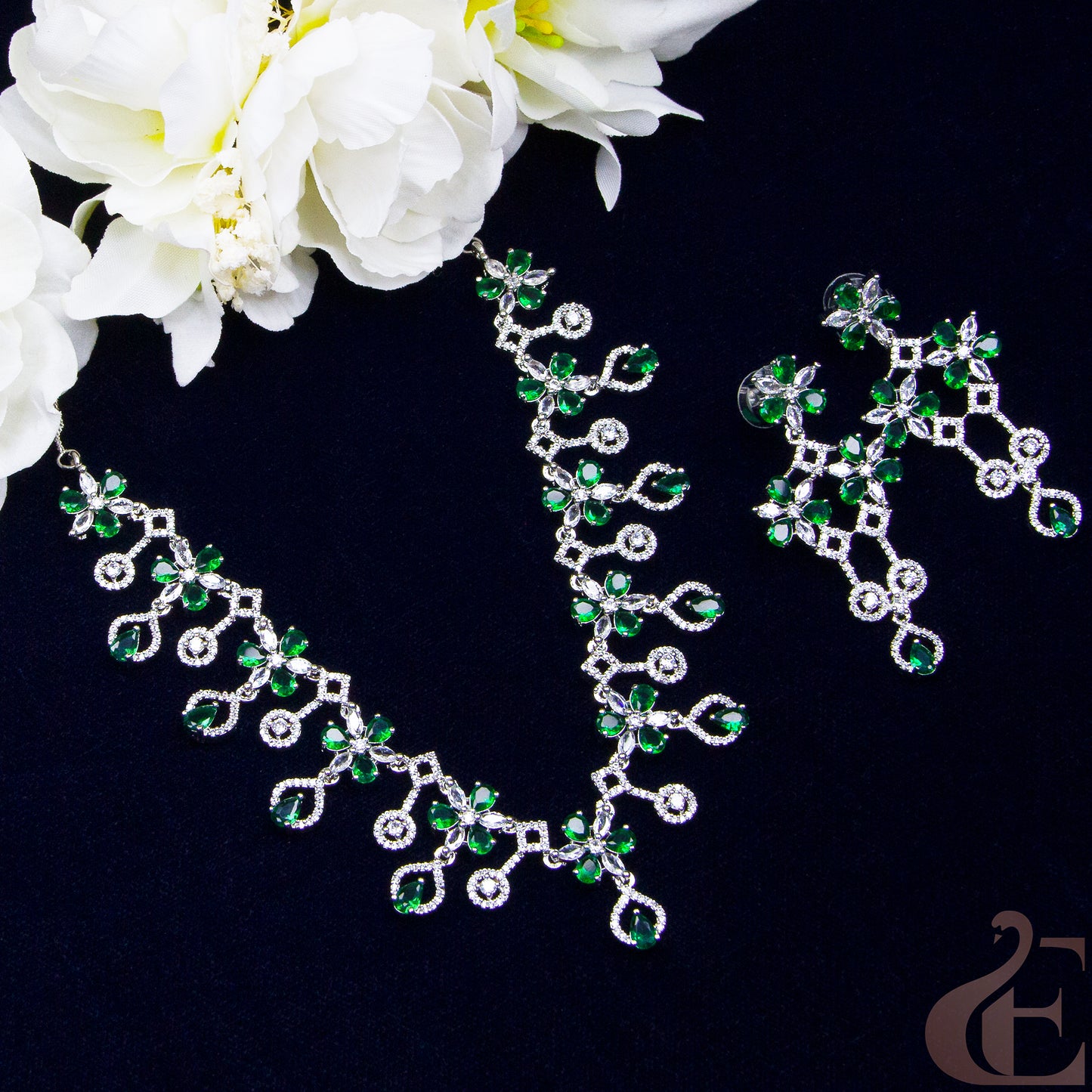 Top view of Premium AD Necklace & Earrings , Green stones 