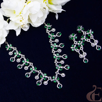 Top view of Premium AD Necklace & Earrings , Green stones 