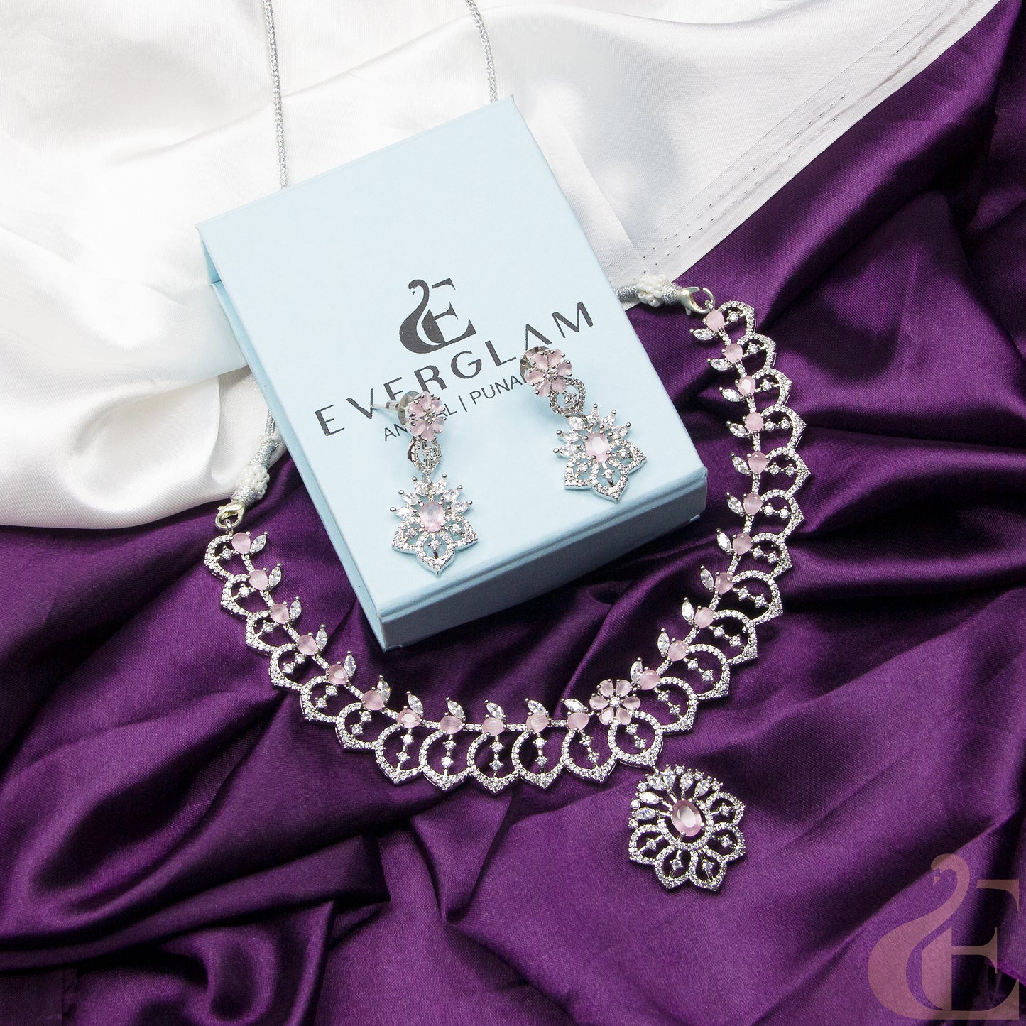 Top view of Premium AD  Necklace & Earrings Pink Stone  