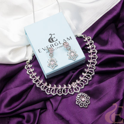 Top view of Premium AD  Necklace & Earrings Pink Stone  