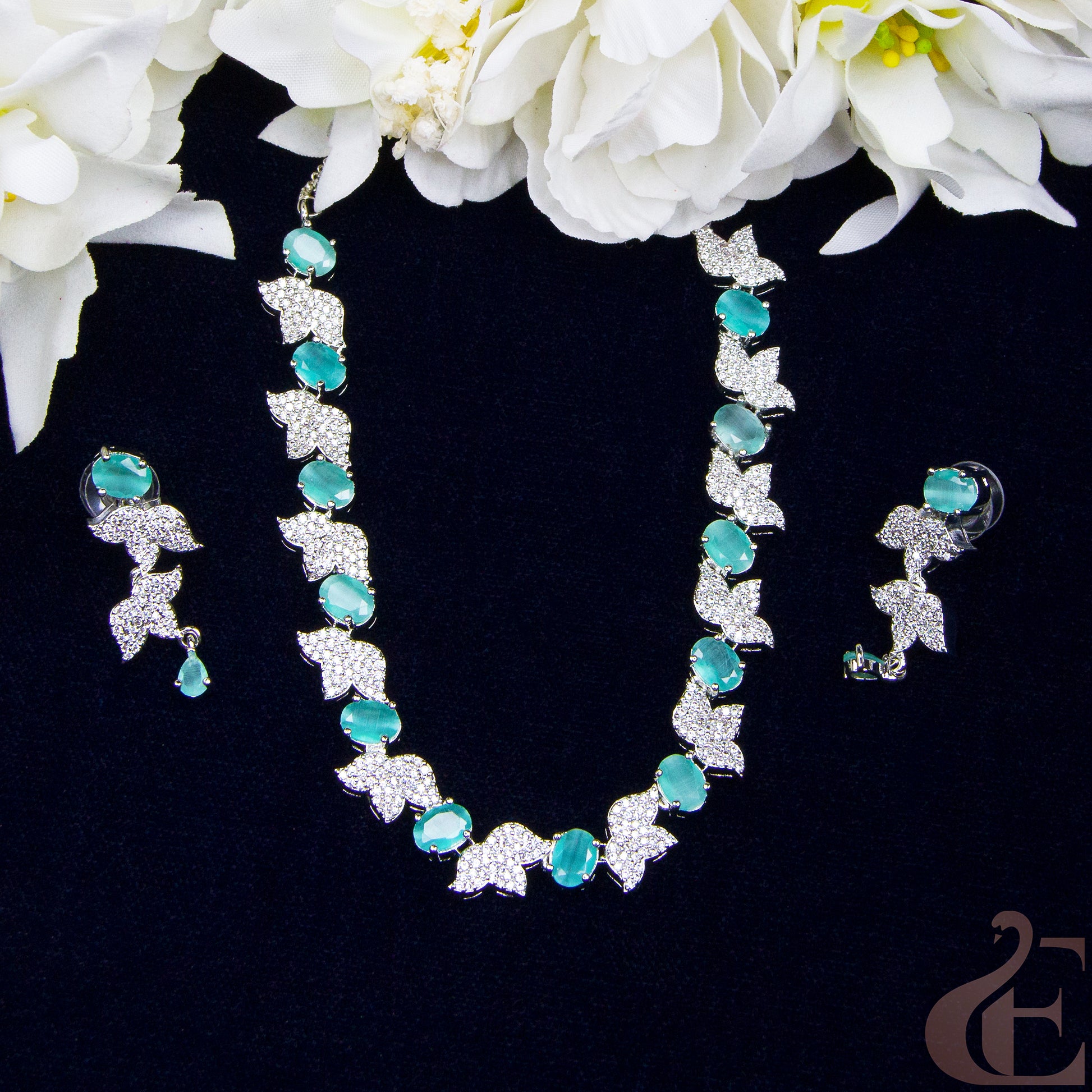 Top view of Premium AD  Necklace & Earrings Pista Green Stones  