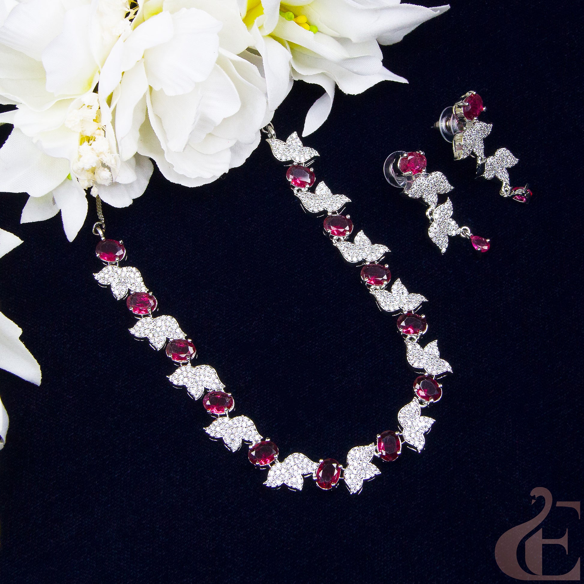Top view of Premium AD  Necklace & Earrings Ruby Stones  