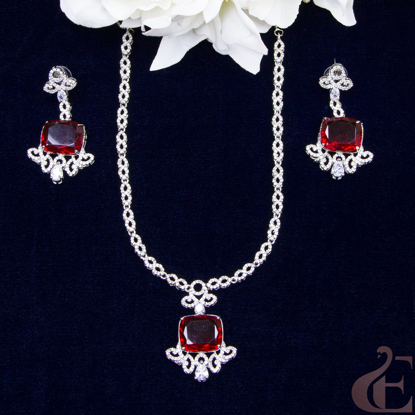 Top view of Premium AD  Necklace & Earrings , Ruby stones 