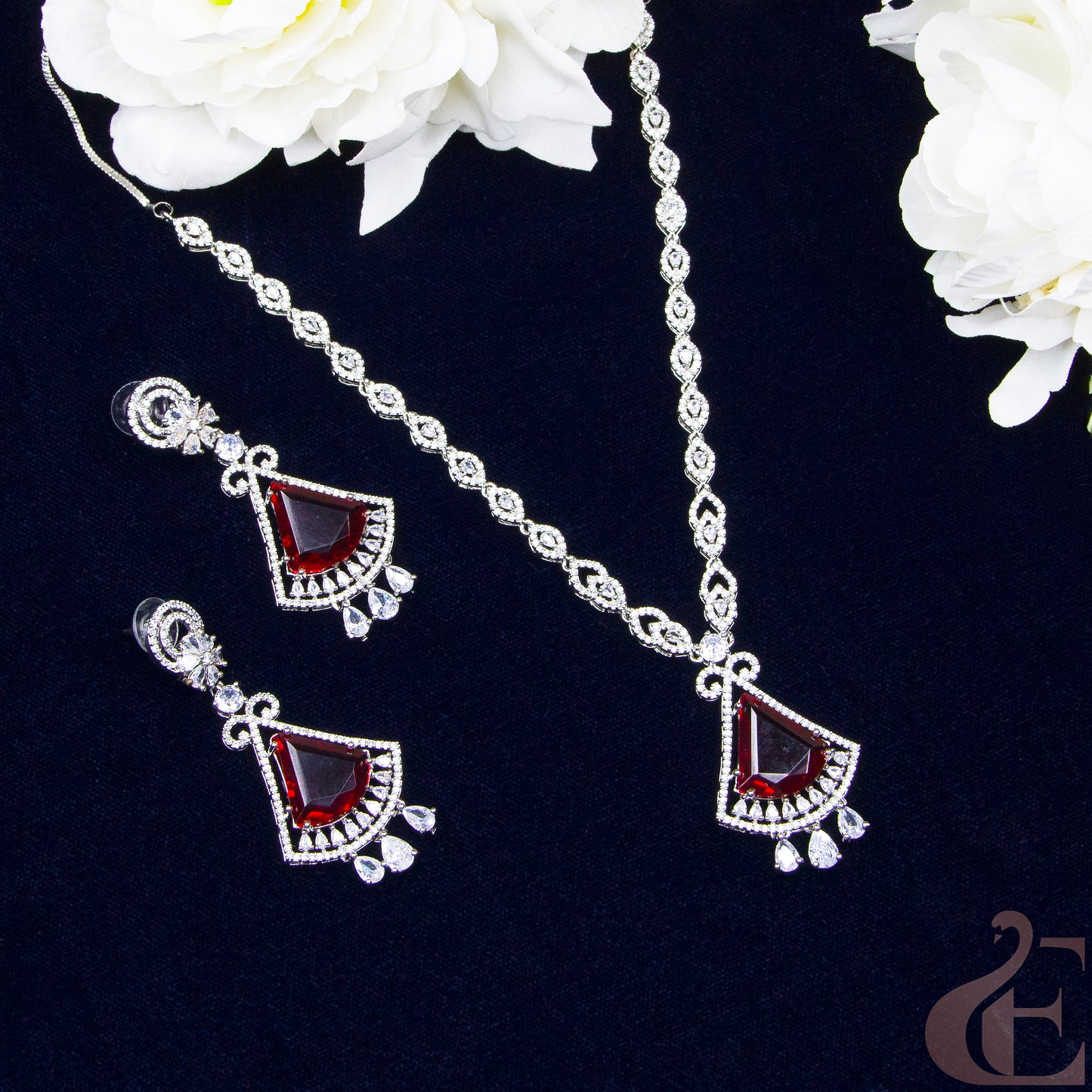 Top view of Premium AD Long Necklace & Earrings Ruby stones 