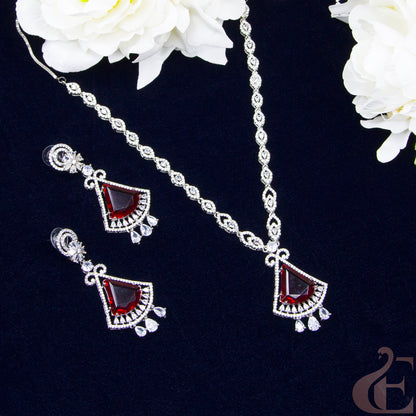 Top view of Premium AD Long Necklace & Earrings Ruby stones 