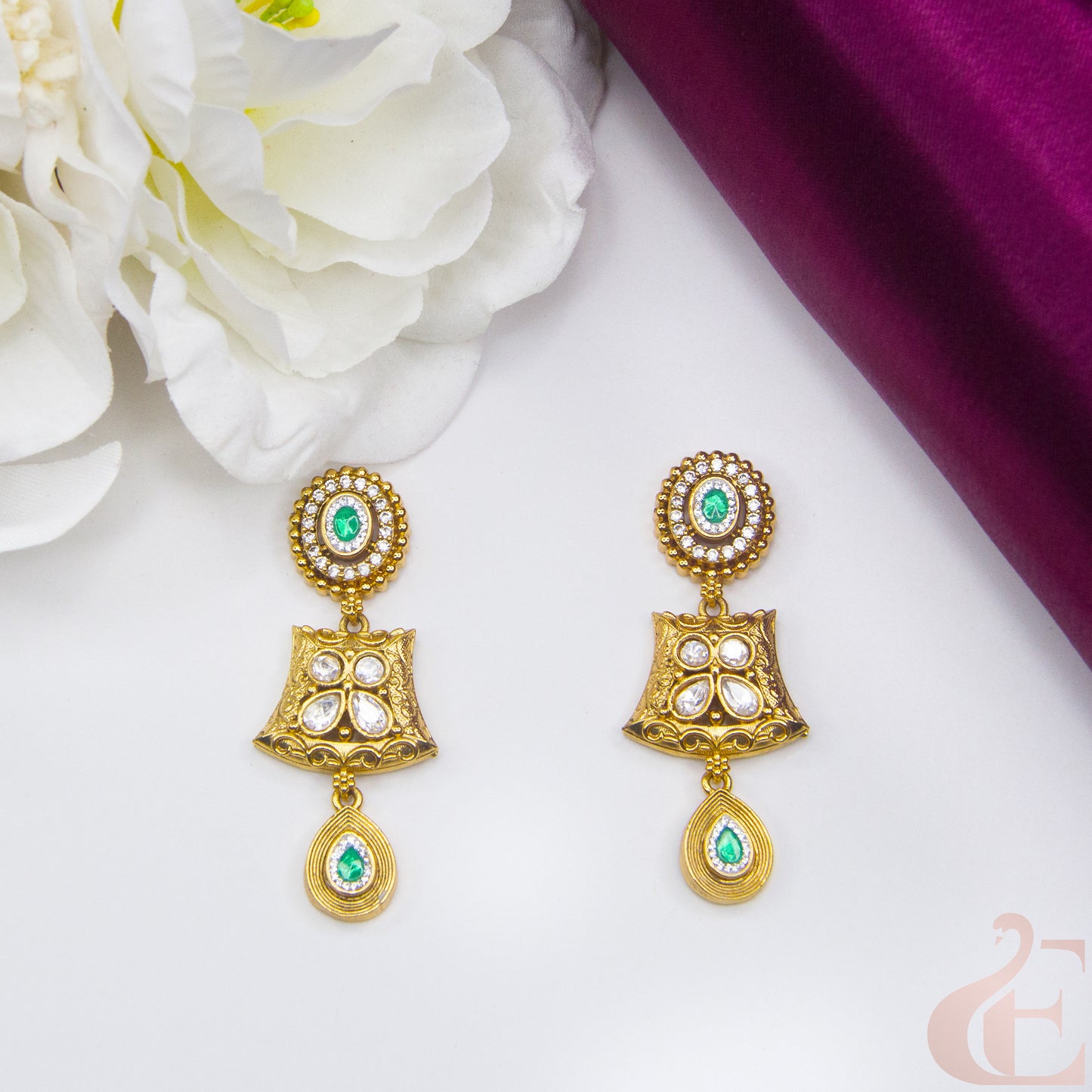 Top view of Premium AD Stones Antique Earrings , Green white stones 