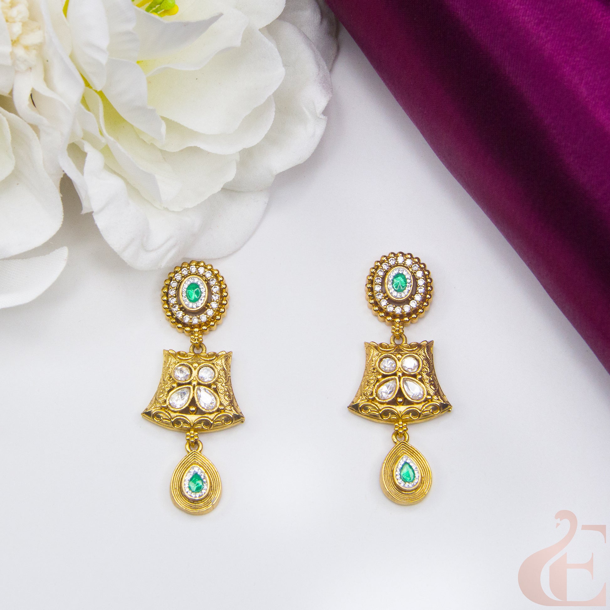 Top view of Premium AD Stones Antique Earrings , Green white stones 