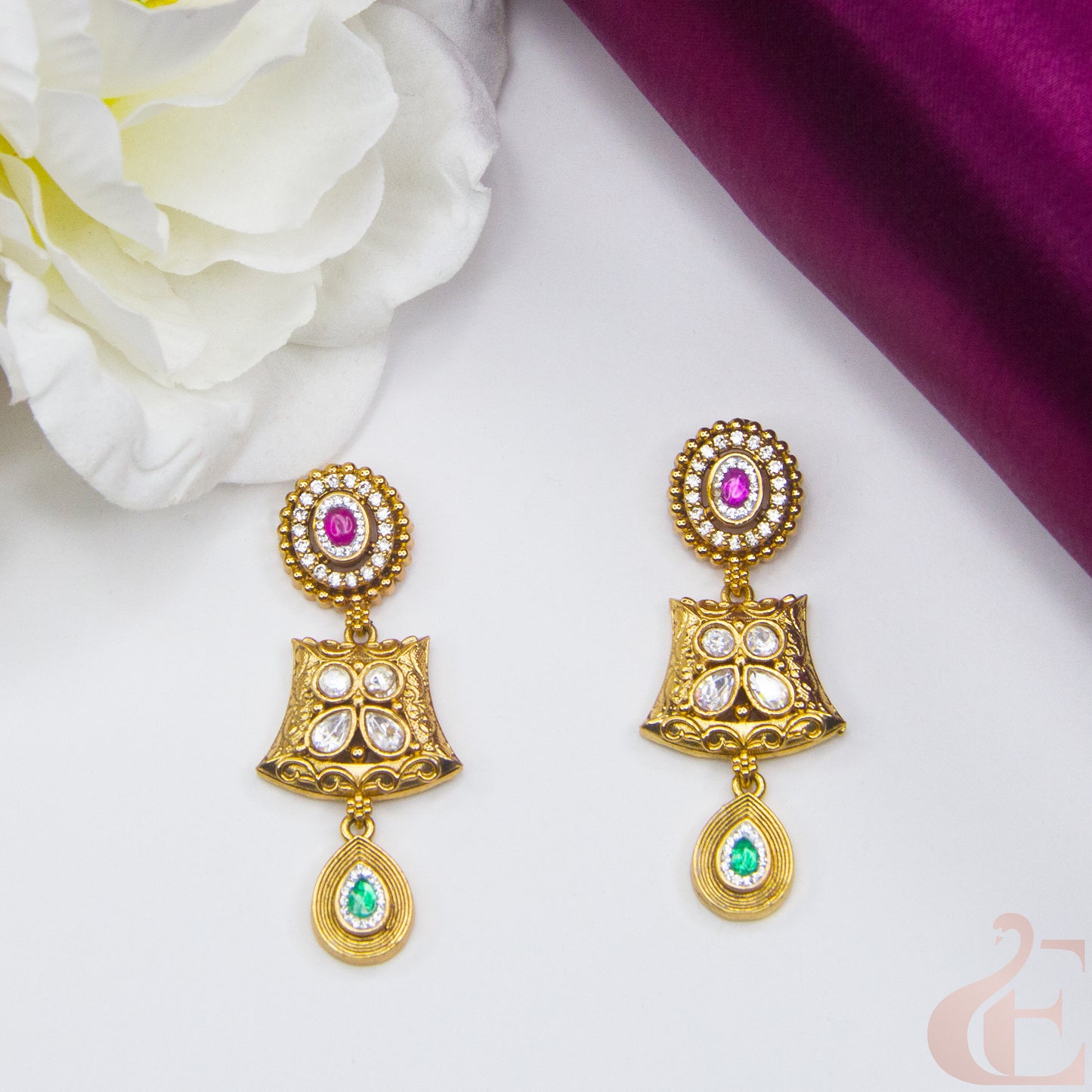 Top view of Premium AD Stones Antique Earrings ,Ruby Green white stones 