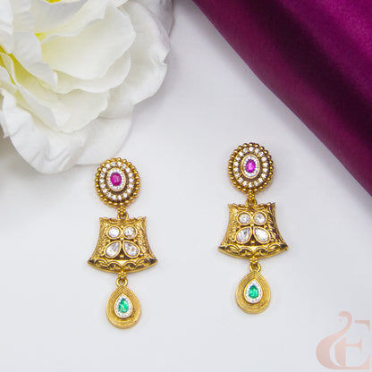 Top view of Premium AD Stones Antique Earrings ,Ruby Green white stones 
