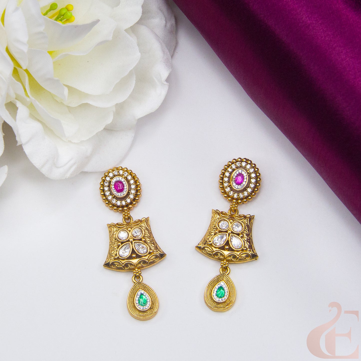 Top view of Premium AD Stones Antique Earrings ,Ruby Green white stones 