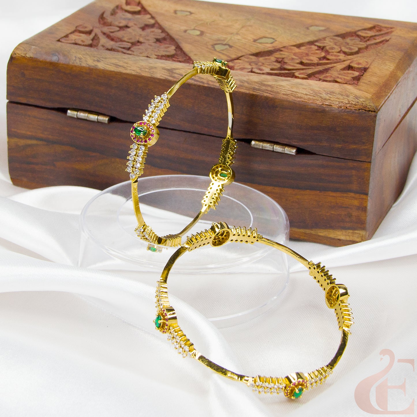 Front view of Premium AD stone Antique Bangle White Ruby Green  Stone 