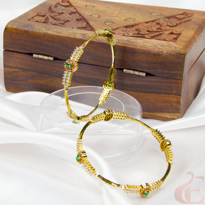 Front view of Premium AD stone Antique Bangle White Ruby Green  Stone 