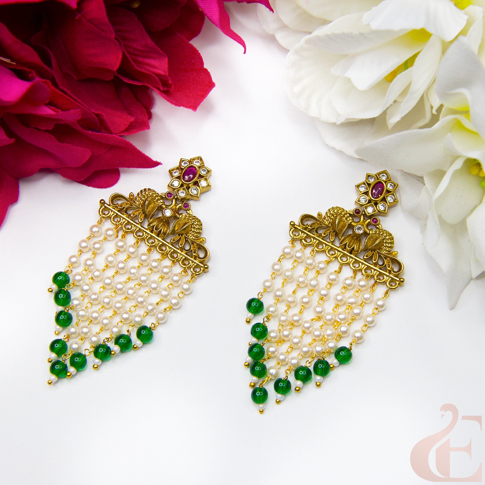 Top view of Premium Antique AD Earrings ruby green 