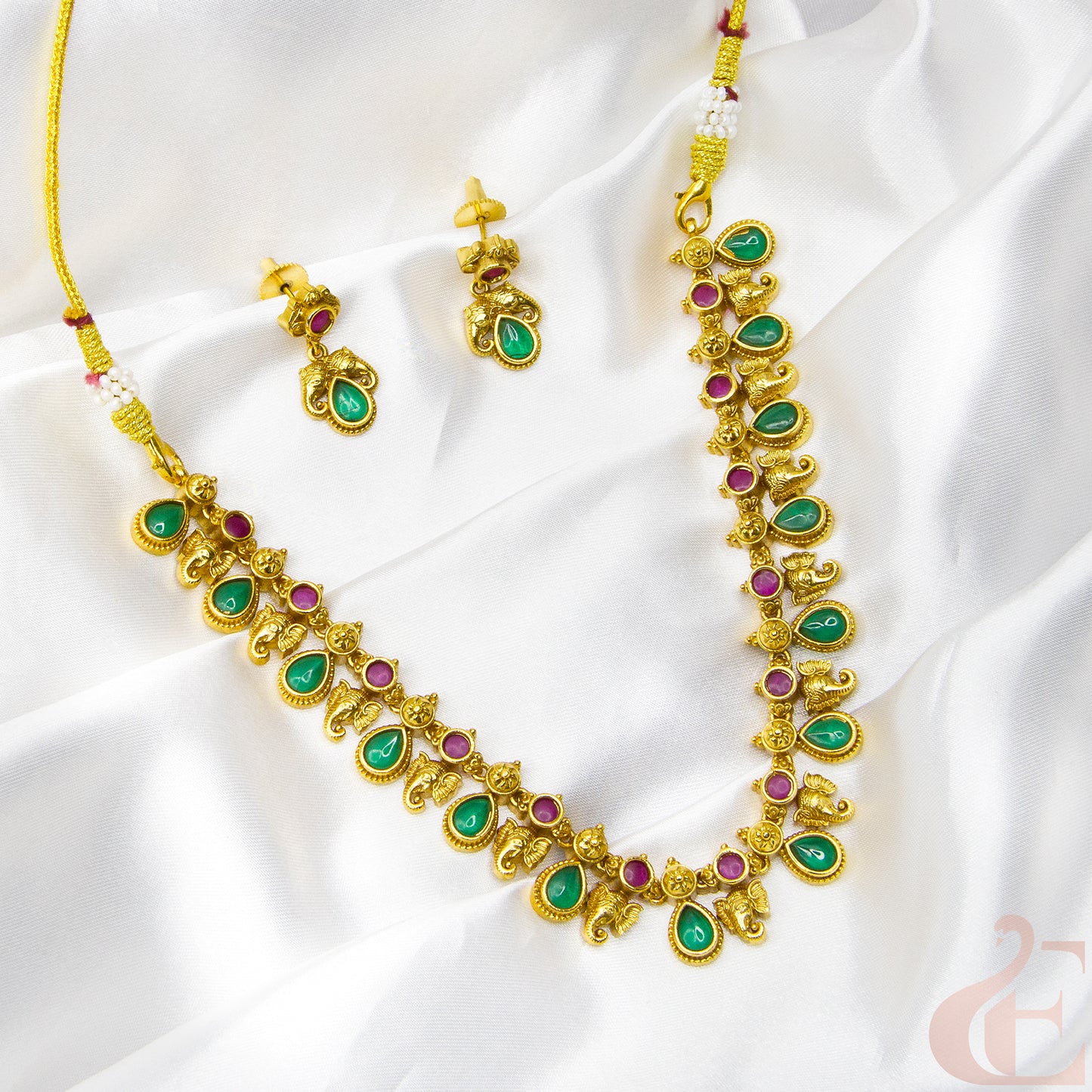 Top view of Premium Antique Necklace & Earrings ruby green stones