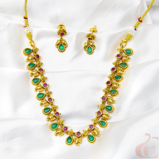 Top view of Premium Antique Necklace & Earrings ruby green stones 