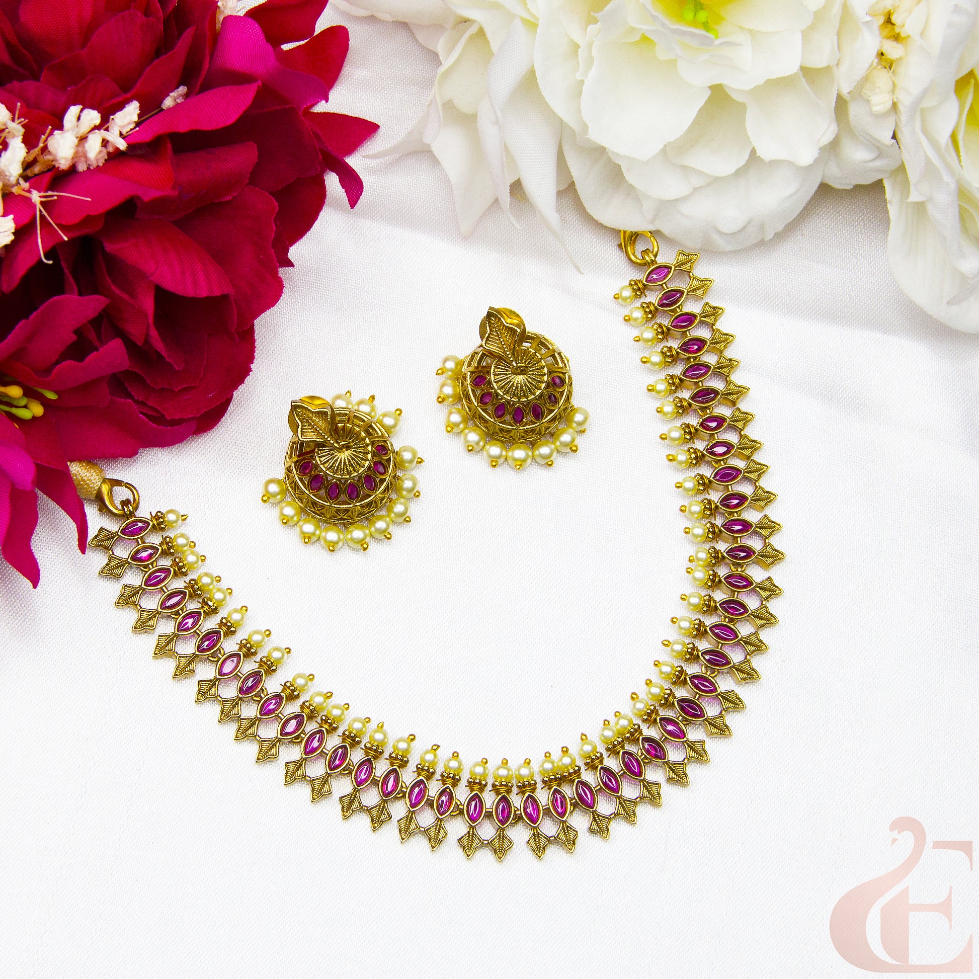 Top view of Premium Antique Necklace & Jhumka  Ruby stones 