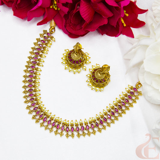Top view of Premium Antique Necklace & Jhumka  Ruby stones 111