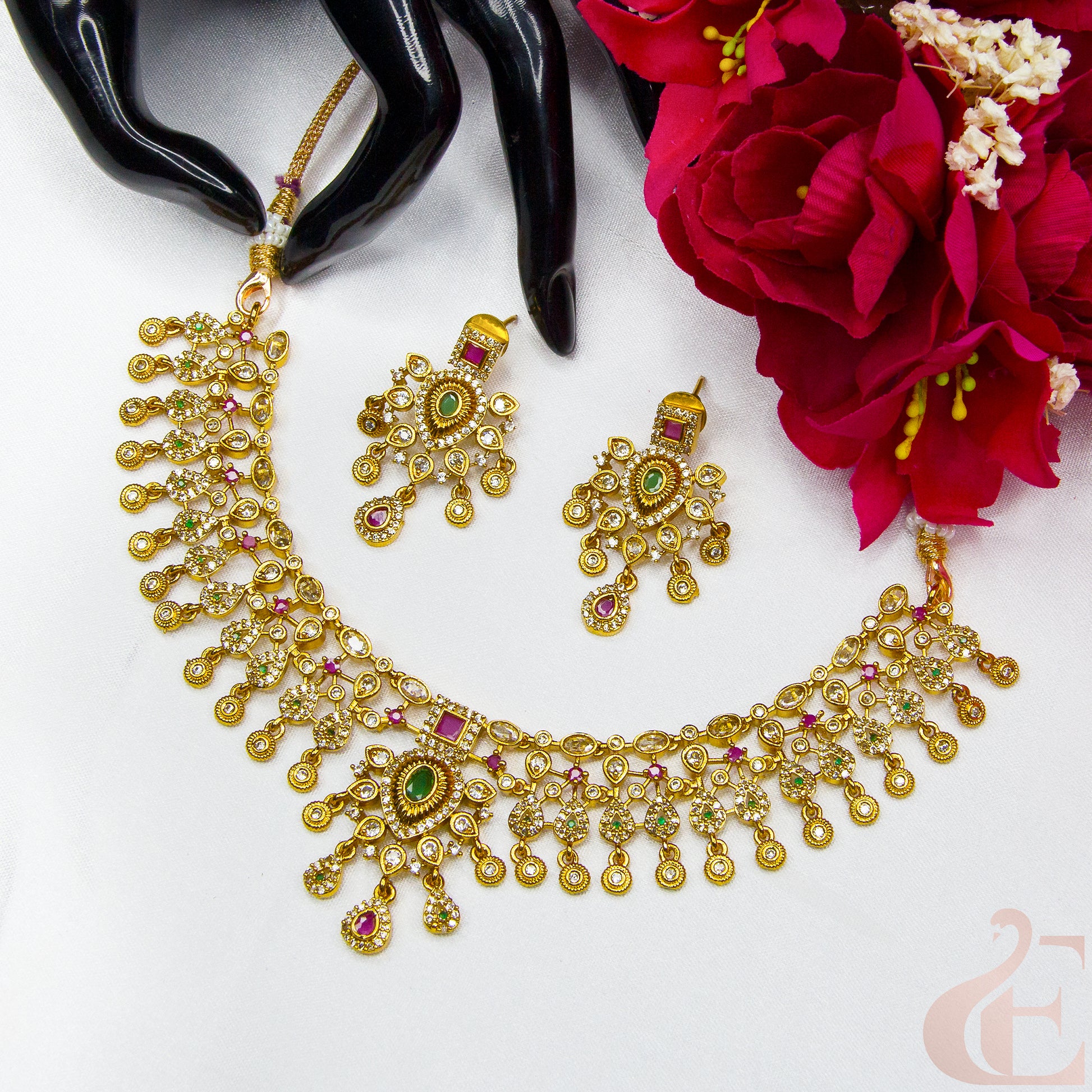 Top view of Premium Multi Color AD Necklace & Earrings ,Ruby green stones 