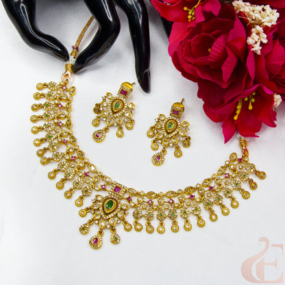 Top view of Premium Multi Color AD Necklace & Earrings ,Ruby green stones 